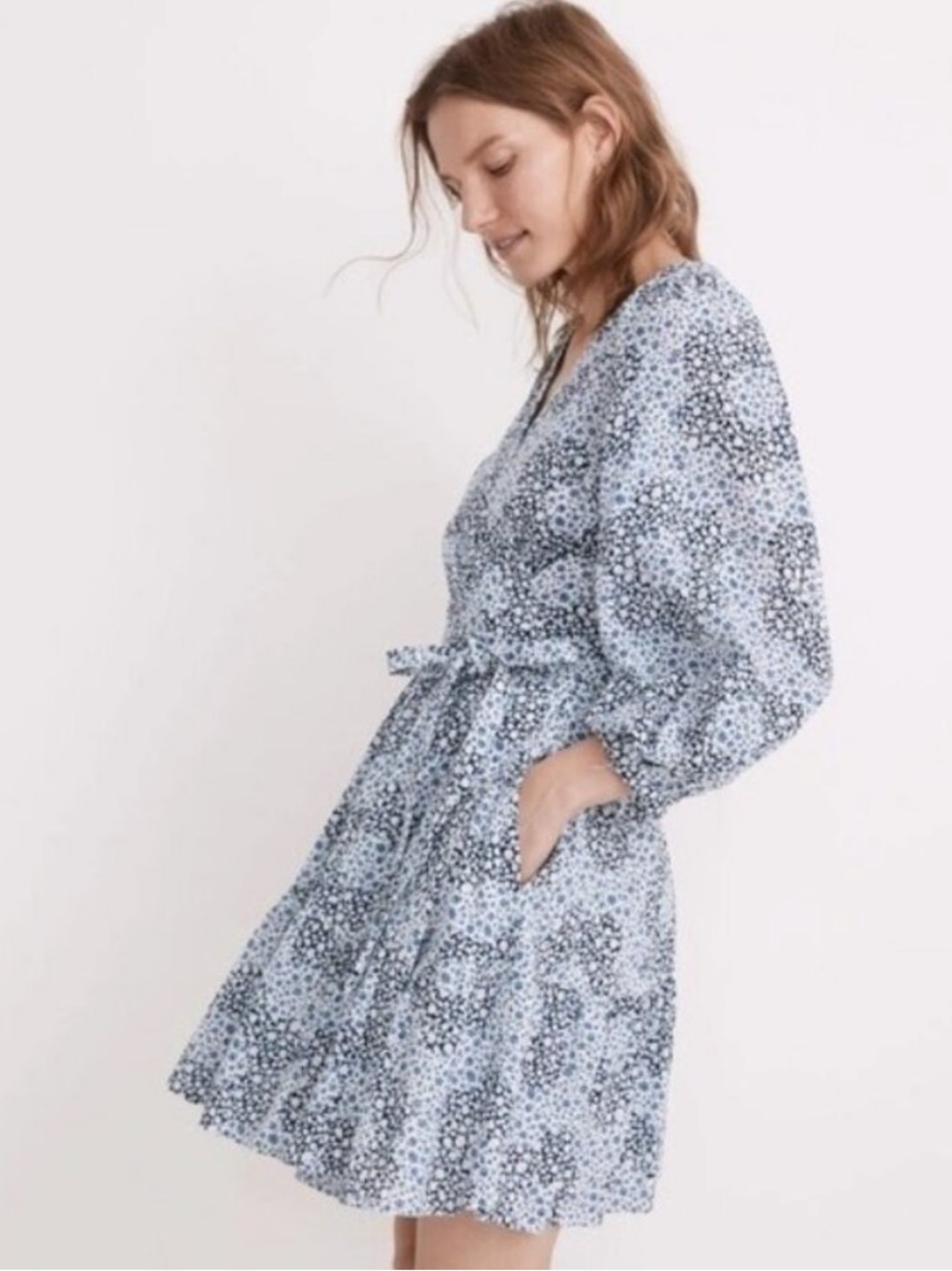 Madewell | Dresses | Madewell Blue White Crinkle Wrap Mini Dress In Quilted Floral Sz 2
